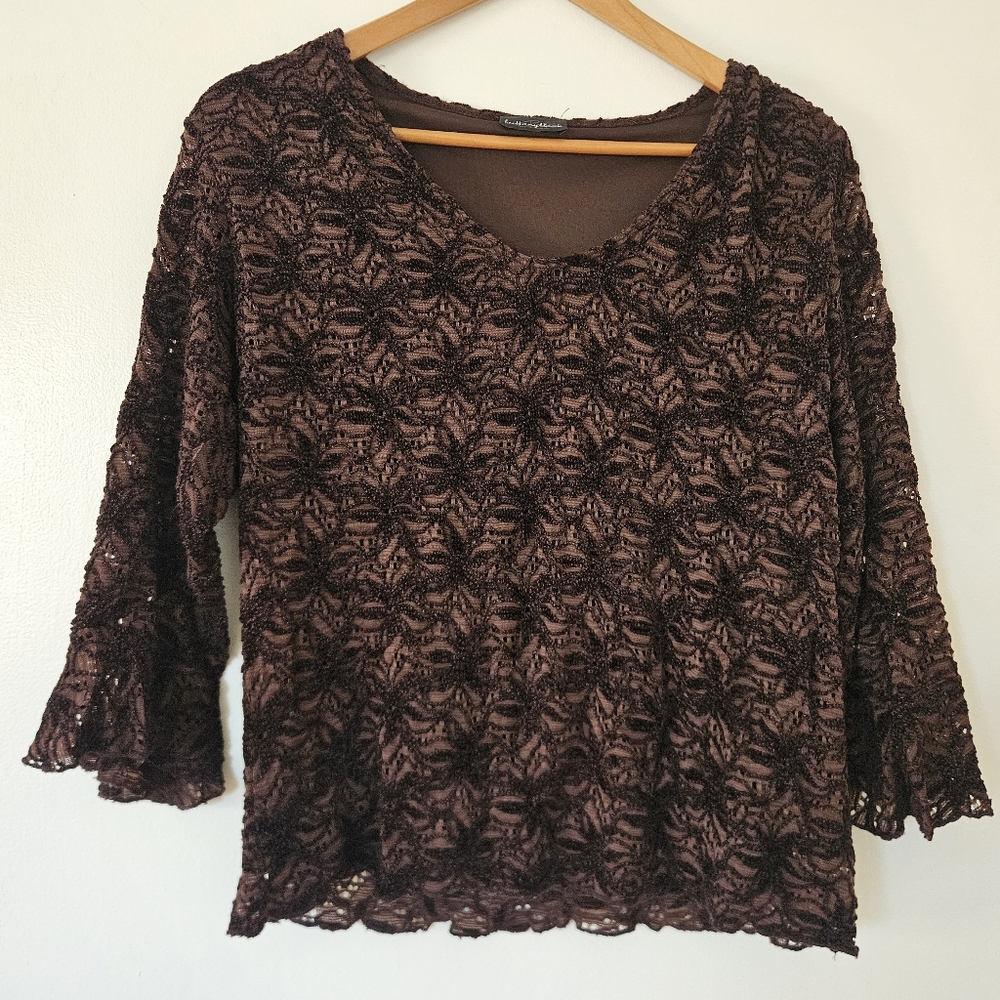 Y2K Fairy Grunge Womens Top XL Brown Eyelet Mesh Textured Floral Dark Romance
